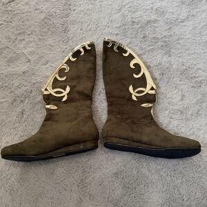 Fantasy Boots Renaissance Cosplay Fairy Tale Costume Shoes Olive Gold Trim Sz 7